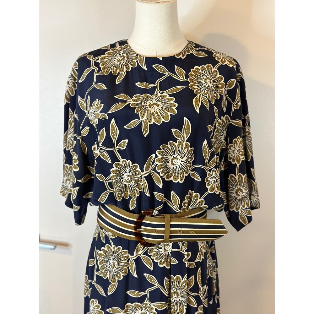 Vintage 90s Liz Claiborne 100% Silk Dress Size 12 Blue Floral Print Belt Modest - Picture 2 of 10